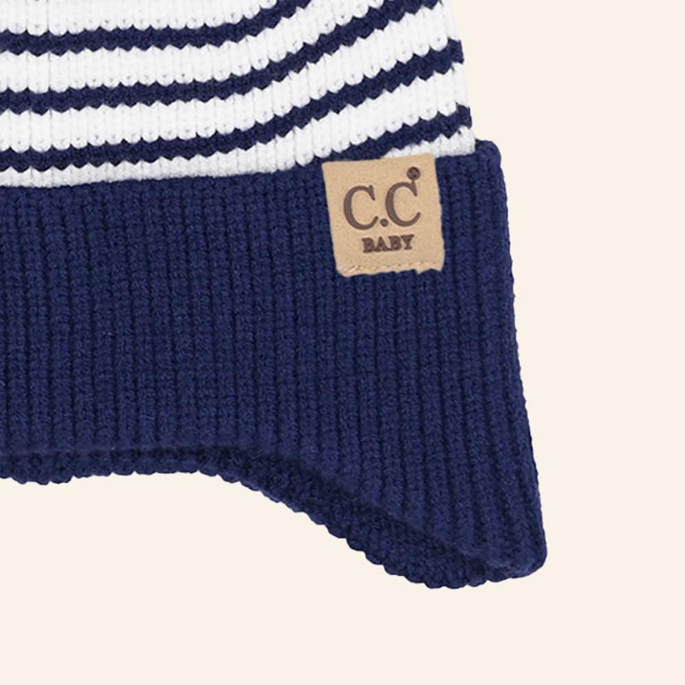 imageCC Baby Double Fur Pom Pom Beanie with Ear Flap for Boys Girls  Comfortable Soft Warm Infant Toddler Baby Knit Skully HatStripes  Navy