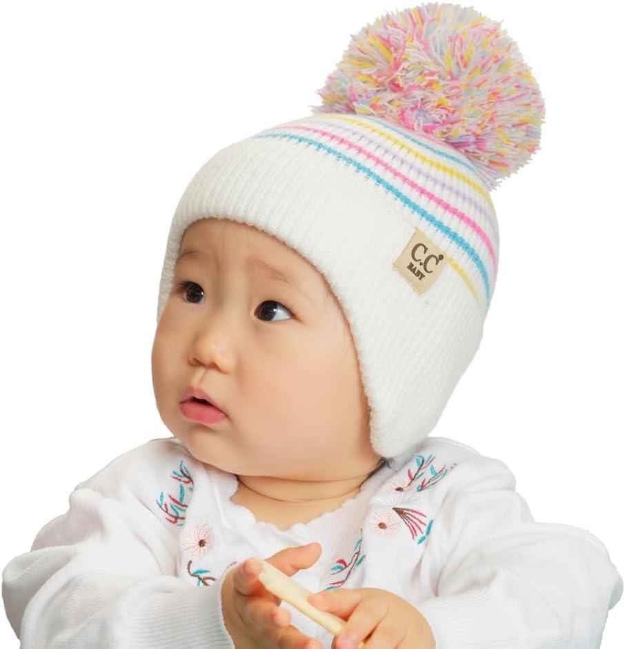 imageCC Baby Double Fur Pom Pom Beanie with Ear Flap for Boys Girls  Comfortable Soft Warm Infant Toddler Baby Knit Skully HatStripes  Unicorn
