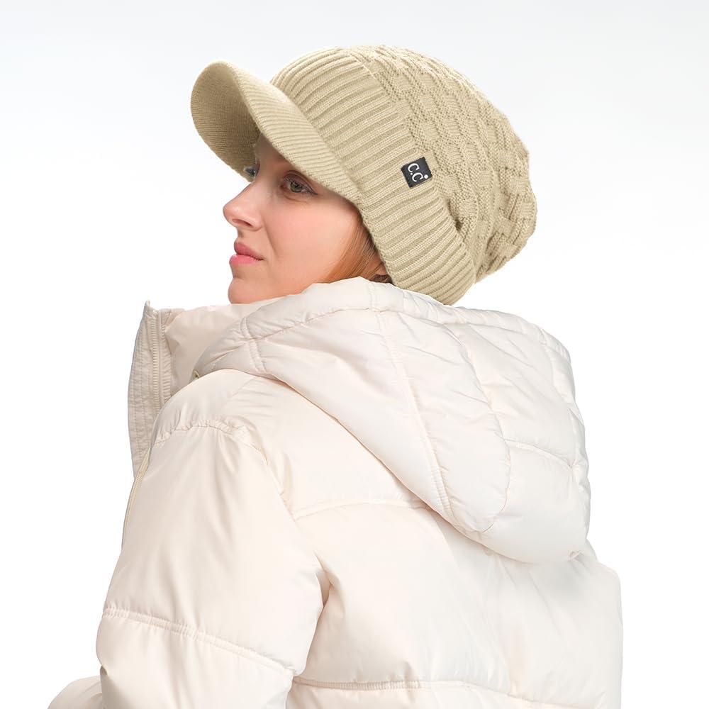 imageCC Beanie Fuzzy Fleece Lining Warm Oversized Chunky Soft Stretchy Ribbed Slouchy Knit Hat with Visor BrimBeige