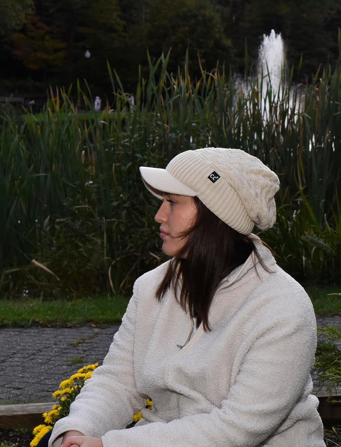 imageCC Beanie Fuzzy Fleece Lining Warm Oversized Chunky Soft Stretchy Ribbed Slouchy Knit Hat with Visor BrimBeige