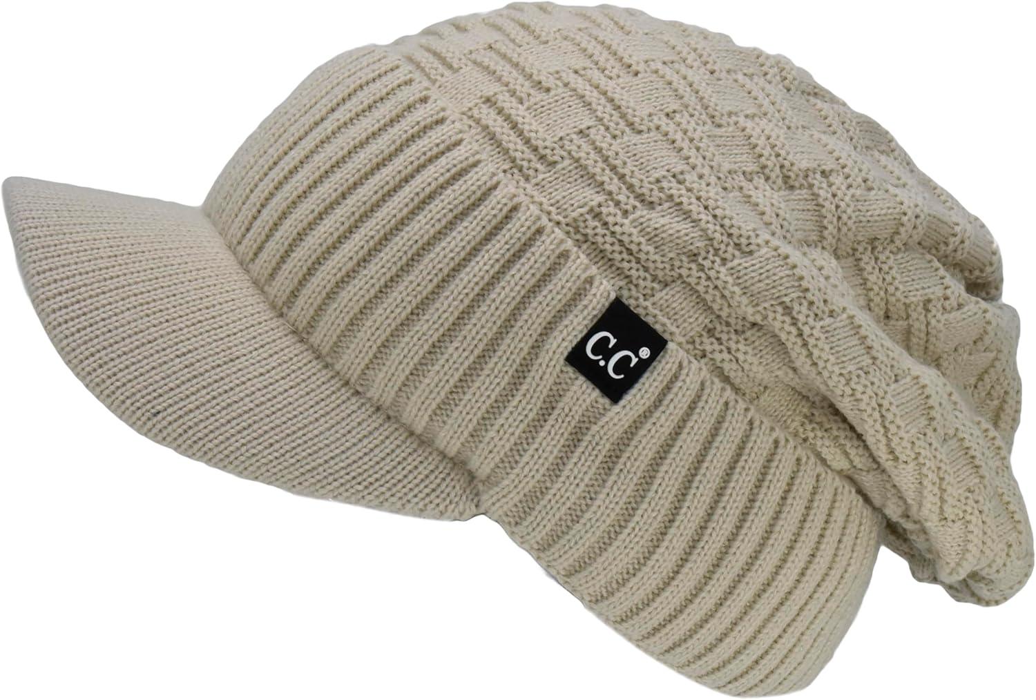 imageCC Beanie Fuzzy Fleece Lining Warm Oversized Chunky Soft Stretchy Ribbed Slouchy Knit Hat with Visor BrimBeige