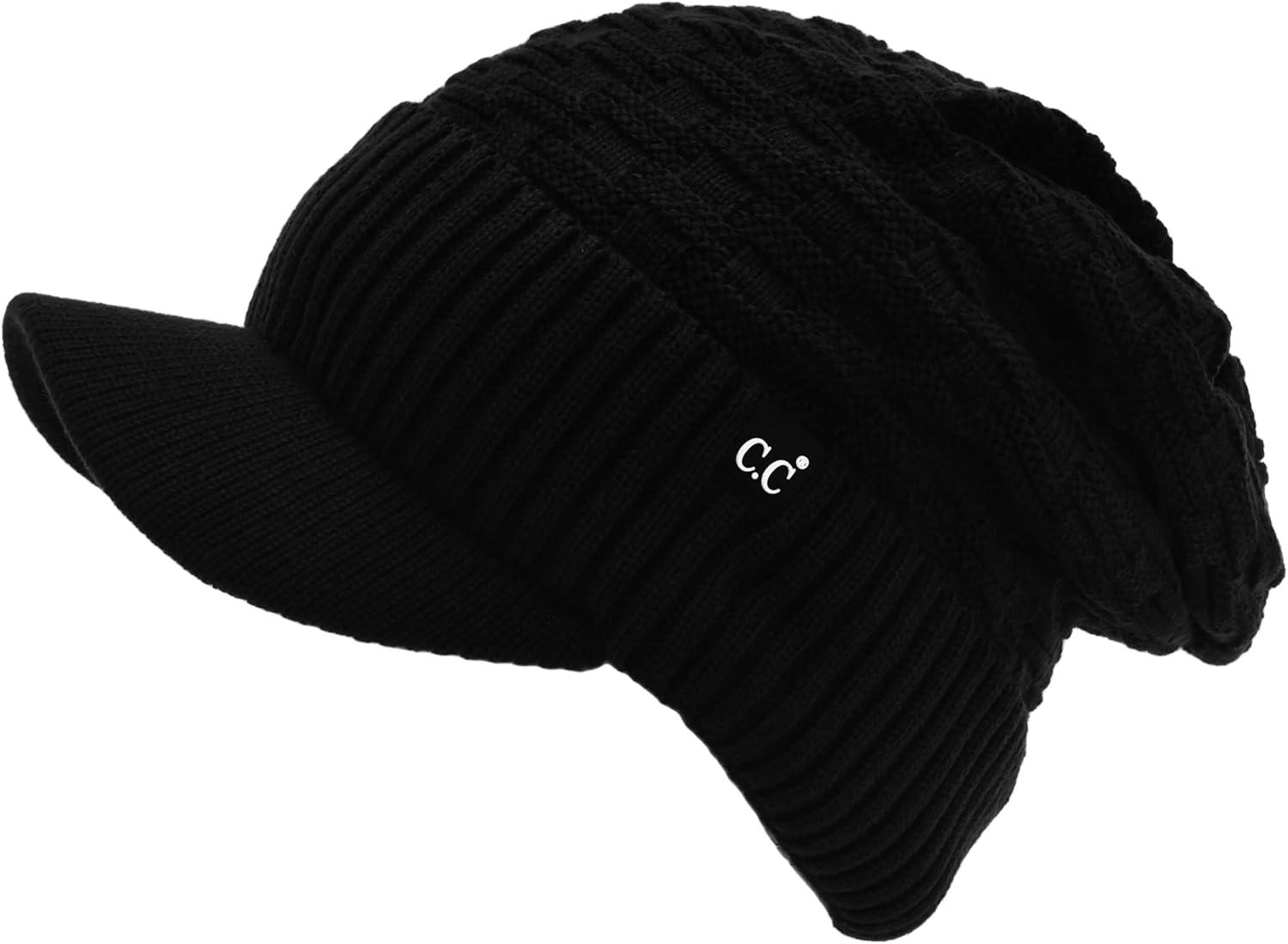 imageCC Beanie Fuzzy Fleece Lining Warm Oversized Chunky Soft Stretchy Ribbed Slouchy Knit Hat with Visor BrimBlack