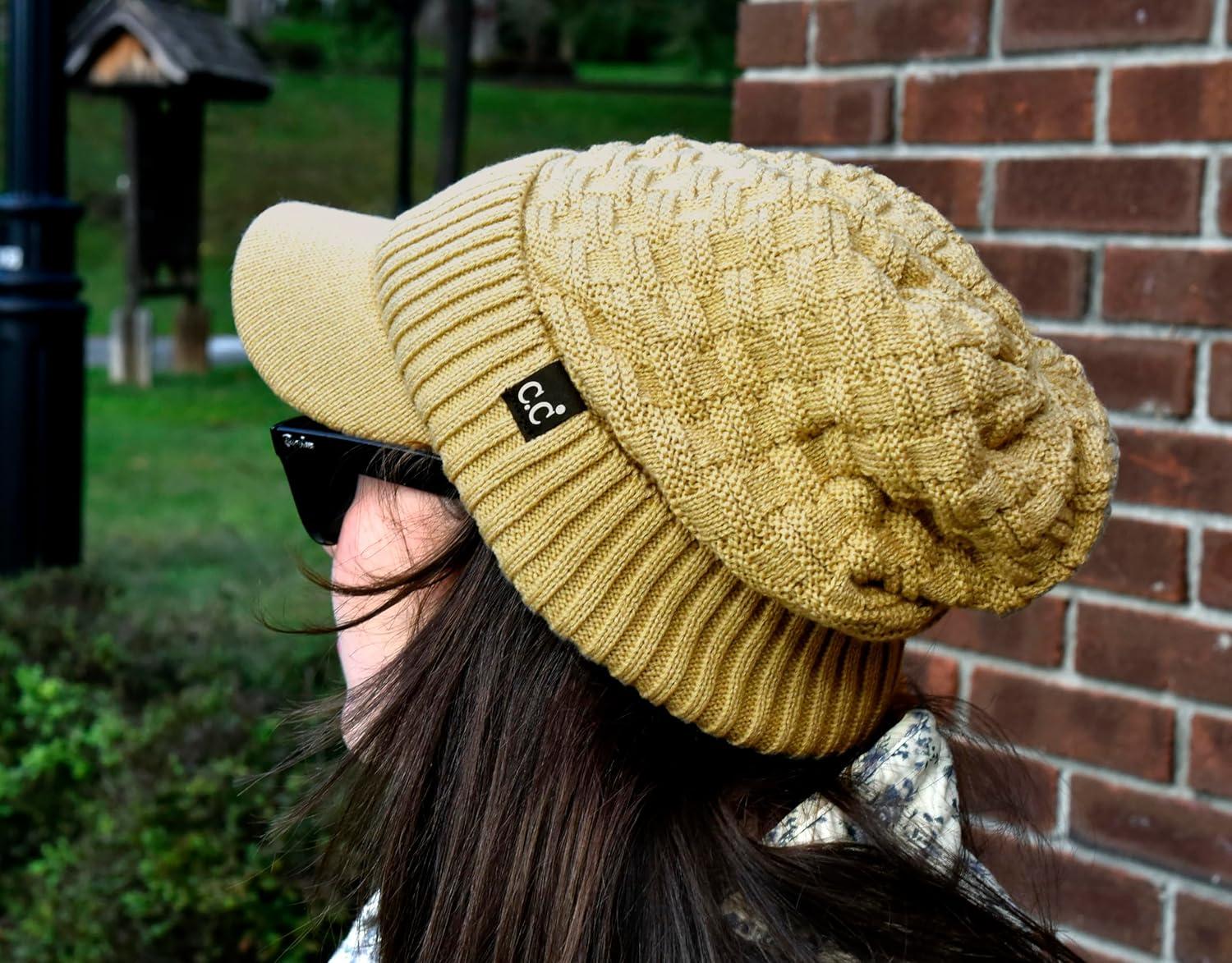 imageCC Beanie Fuzzy Fleece Lining Warm Oversized Chunky Soft Stretchy Ribbed Slouchy Knit Hat with Visor BrimCamel