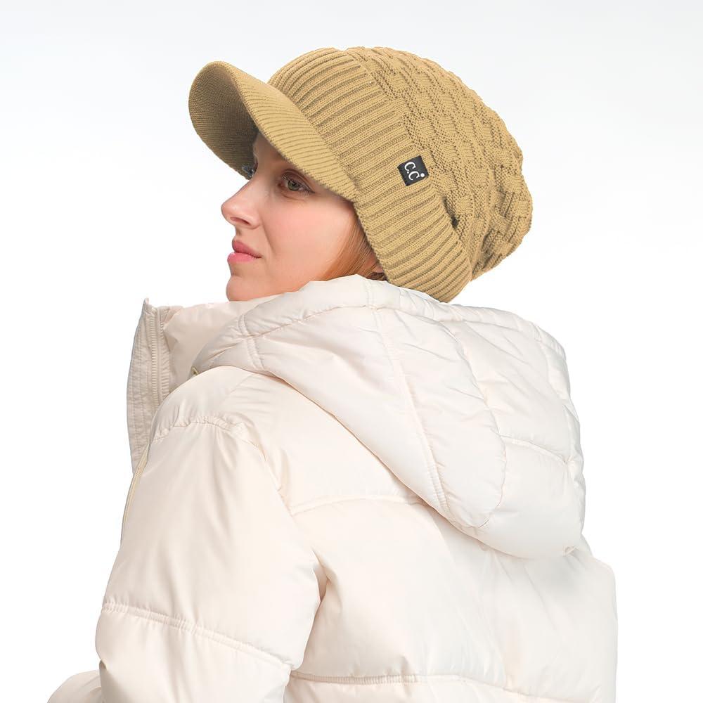 imageCC Beanie Fuzzy Fleece Lining Warm Oversized Chunky Soft Stretchy Ribbed Slouchy Knit Hat with Visor BrimCamel