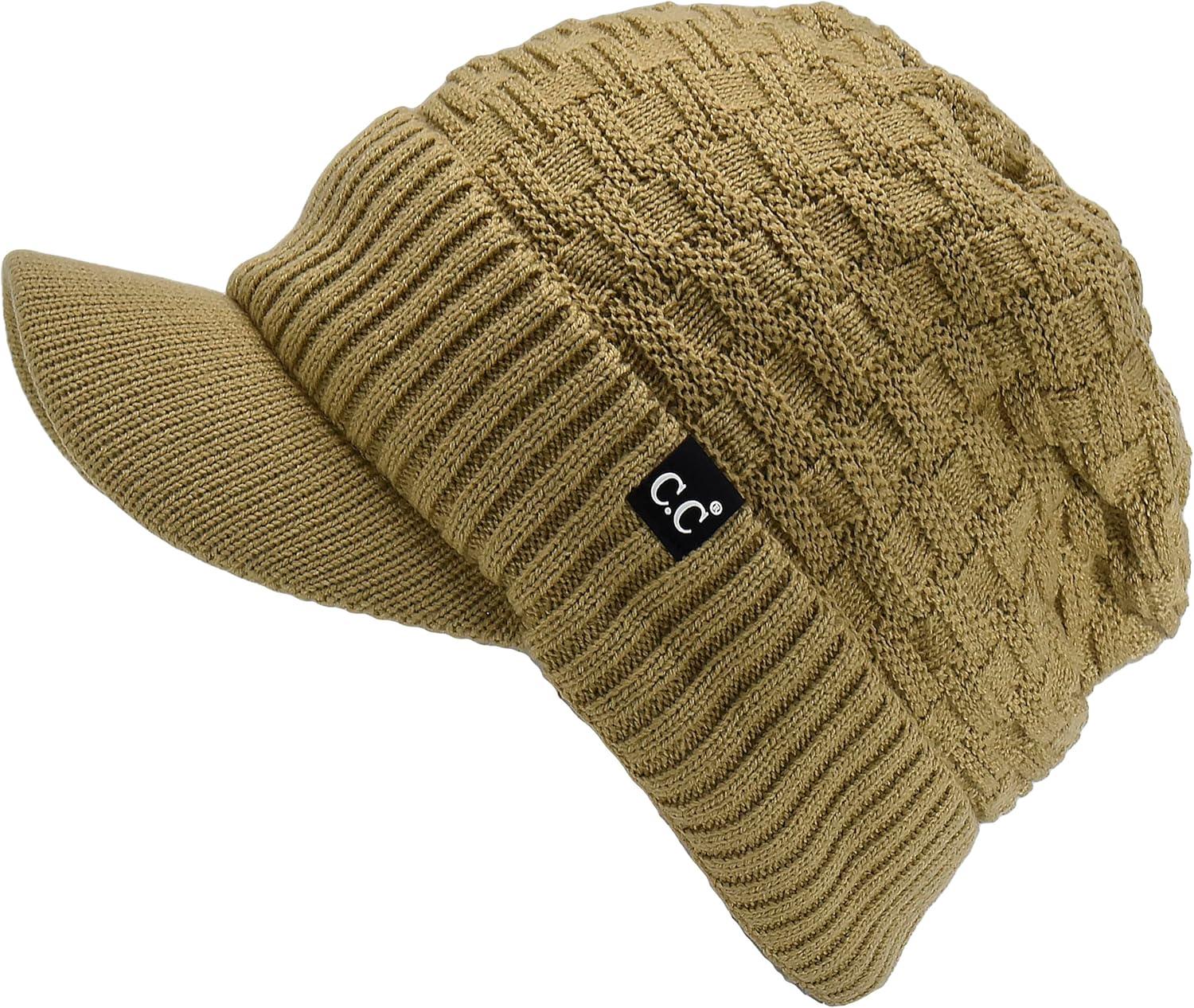 imageCC Beanie Fuzzy Fleece Lining Warm Oversized Chunky Soft Stretchy Ribbed Slouchy Knit Hat with Visor BrimCamel