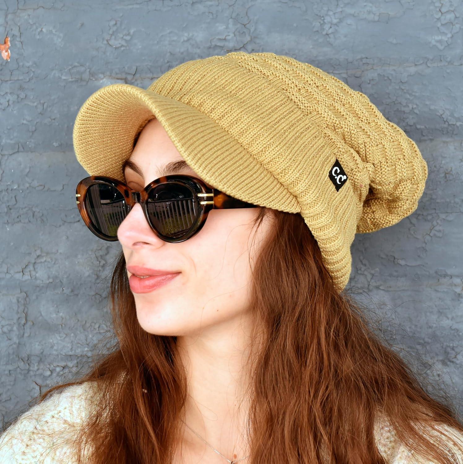 imageCC Beanie Fuzzy Fleece Lining Warm Oversized Chunky Soft Stretchy Ribbed Slouchy Knit Hat with Visor BrimCamel