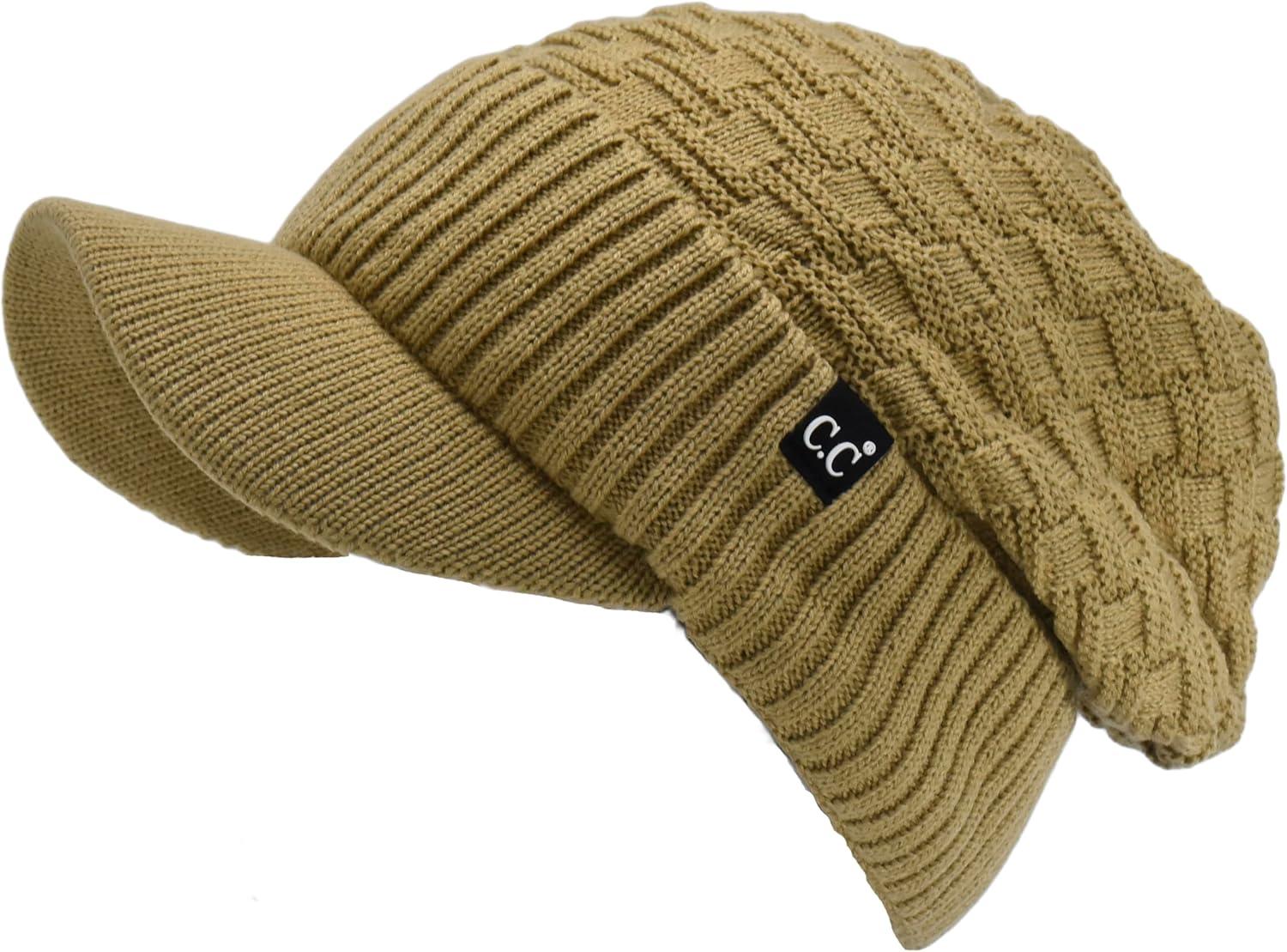 imageCC Beanie Fuzzy Fleece Lining Warm Oversized Chunky Soft Stretchy Ribbed Slouchy Knit Hat with Visor BrimCamel