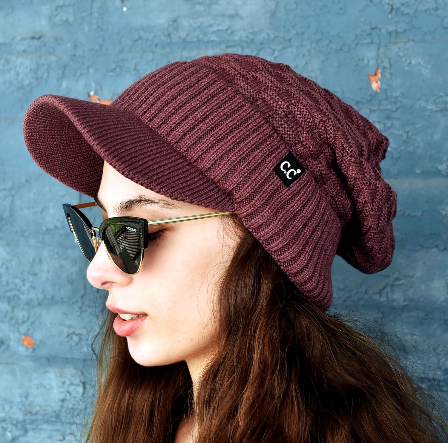 imageCC Beanie Fuzzy Fleece Lining Warm Oversized Chunky Soft Stretchy Ribbed Slouchy Knit Hat with Visor BrimCoco Berry