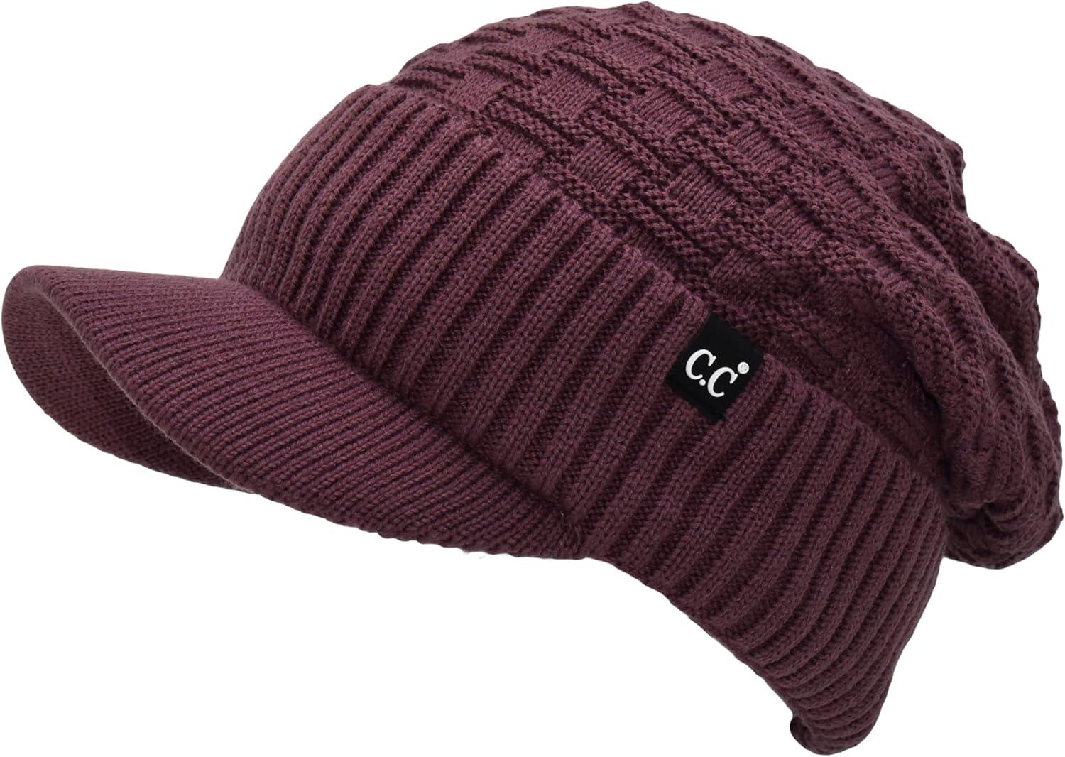 imageCC Beanie Fuzzy Fleece Lining Warm Oversized Chunky Soft Stretchy Ribbed Slouchy Knit Hat with Visor BrimCoco Berry