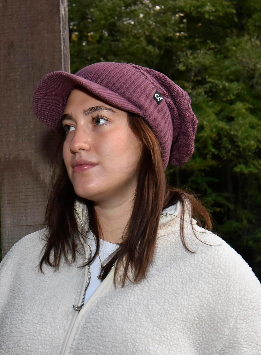imageCC Beanie Fuzzy Fleece Lining Warm Oversized Chunky Soft Stretchy Ribbed Slouchy Knit Hat with Visor BrimCoco Berry