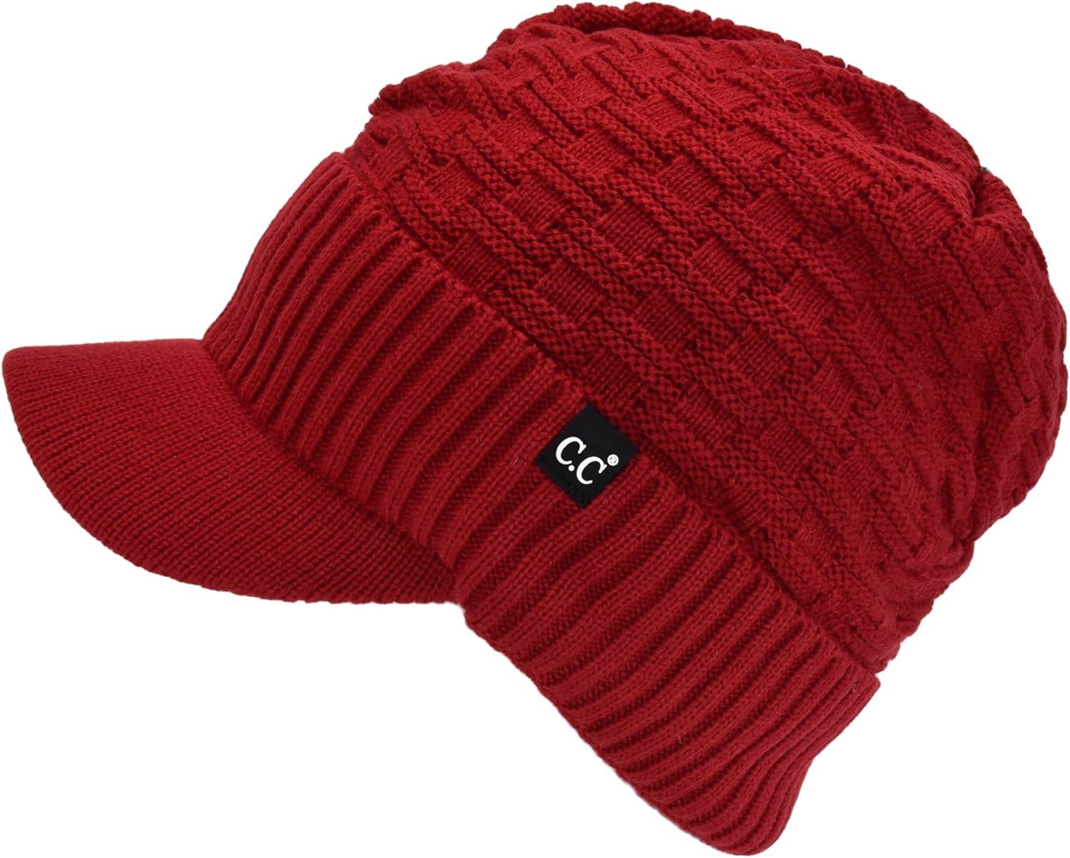 imageCC Beanie Fuzzy Fleece Lining Warm Oversized Chunky Soft Stretchy Ribbed Slouchy Knit Hat with Visor BrimDark Red