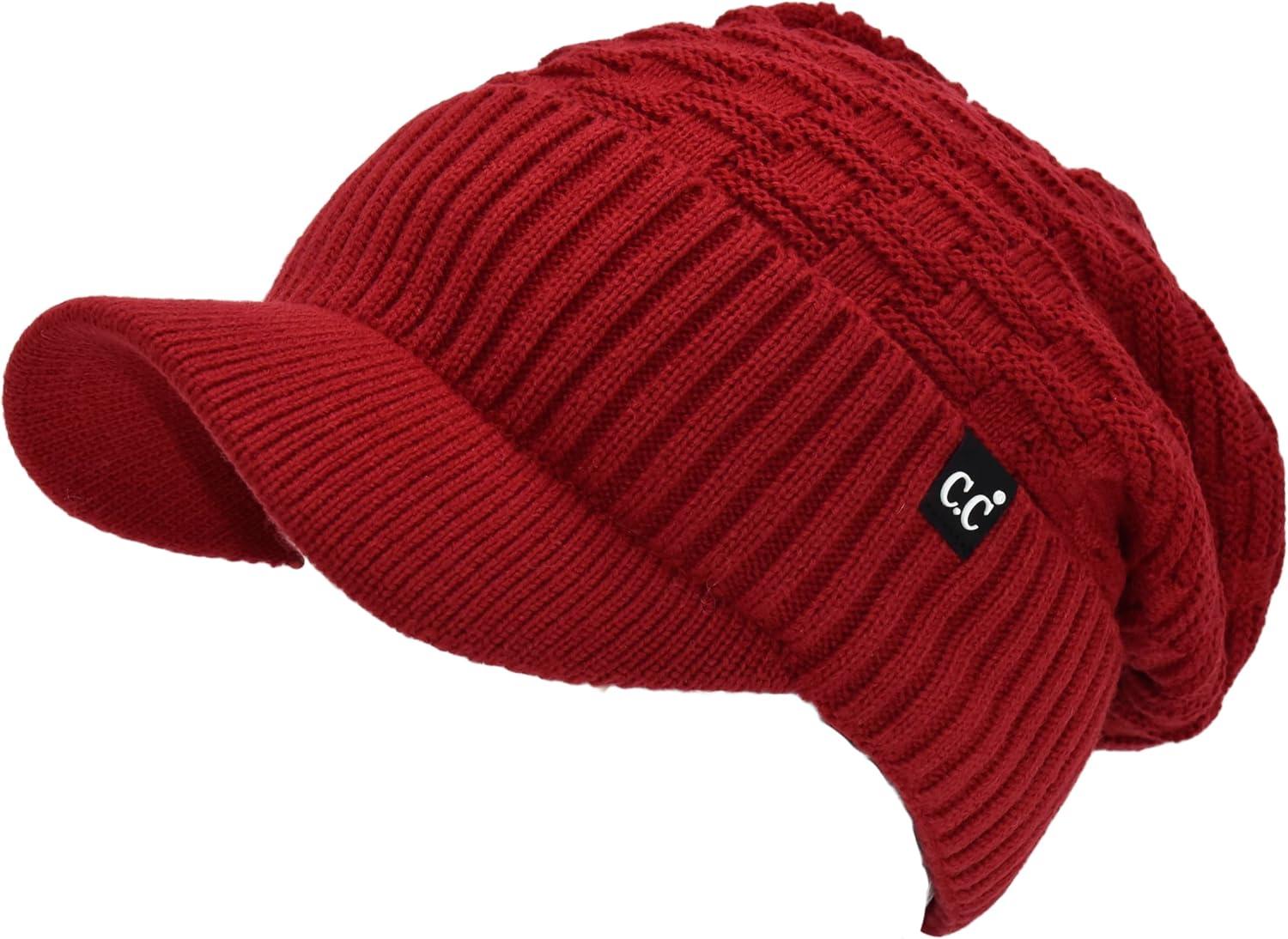 imageCC Beanie Fuzzy Fleece Lining Warm Oversized Chunky Soft Stretchy Ribbed Slouchy Knit Hat with Visor BrimDark Red