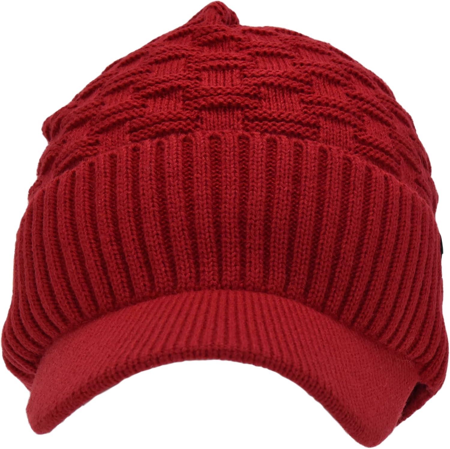 imageCC Beanie Fuzzy Fleece Lining Warm Oversized Chunky Soft Stretchy Ribbed Slouchy Knit Hat with Visor BrimDark Red