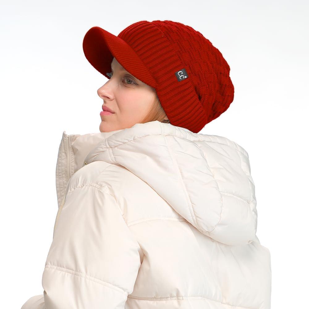 imageCC Beanie Fuzzy Fleece Lining Warm Oversized Chunky Soft Stretchy Ribbed Slouchy Knit Hat with Visor BrimDark Red
