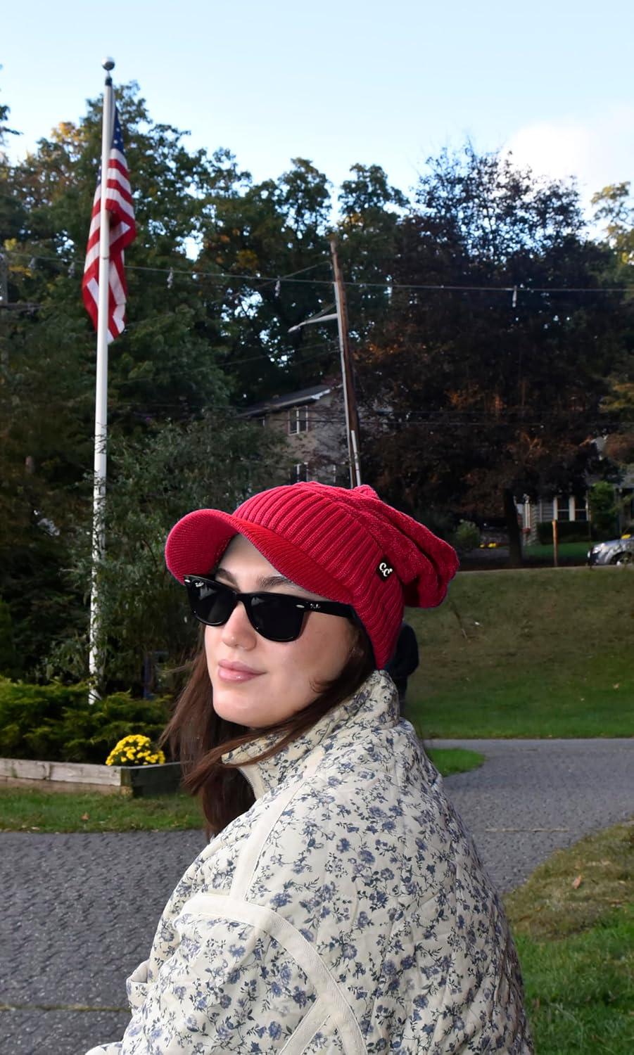 imageCC Beanie Fuzzy Fleece Lining Warm Oversized Chunky Soft Stretchy Ribbed Slouchy Knit Hat with Visor BrimDark Red
