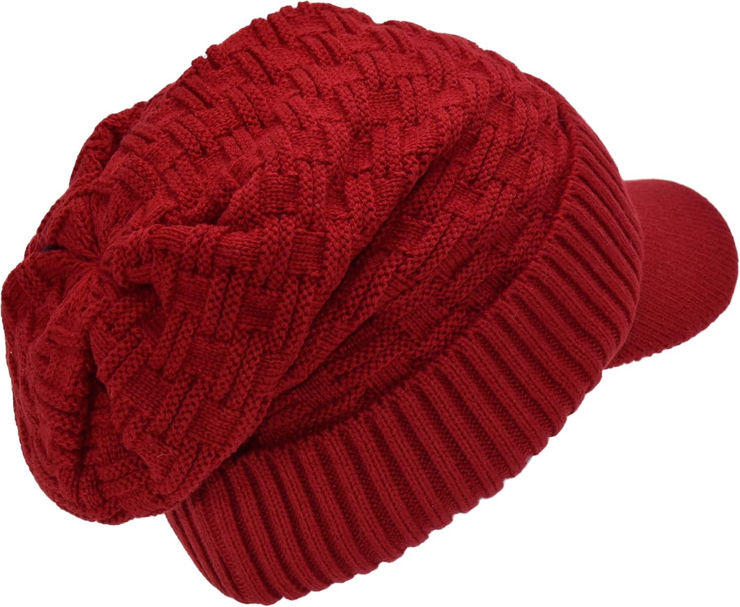 imageCC Beanie Fuzzy Fleece Lining Warm Oversized Chunky Soft Stretchy Ribbed Slouchy Knit Hat with Visor BrimDark Red