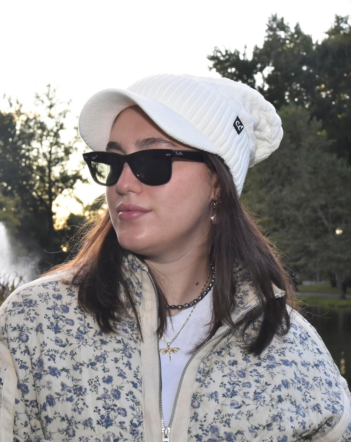imageCC Beanie Fuzzy Fleece Lining Warm Oversized Chunky Soft Stretchy Ribbed Slouchy Knit Hat with Visor BrimIvory  Off White