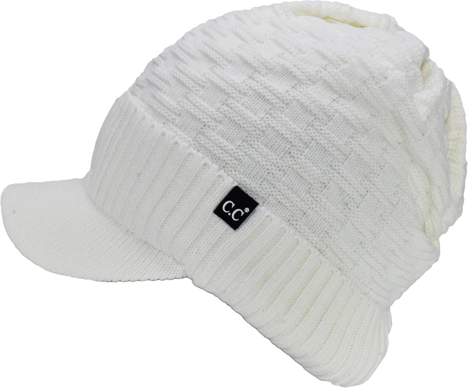 imageCC Beanie Fuzzy Fleece Lining Warm Oversized Chunky Soft Stretchy Ribbed Slouchy Knit Hat with Visor BrimIvory  Off White