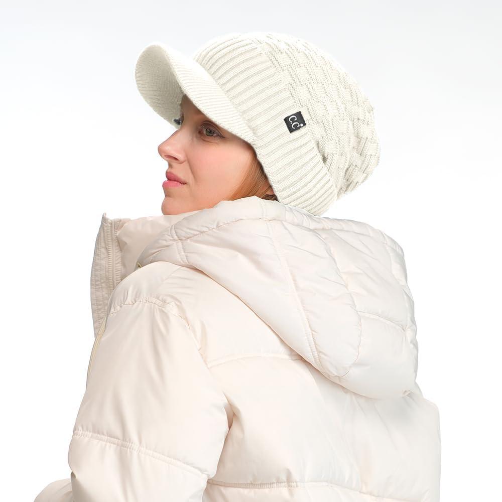 imageCC Beanie Fuzzy Fleece Lining Warm Oversized Chunky Soft Stretchy Ribbed Slouchy Knit Hat with Visor BrimIvory  Off White