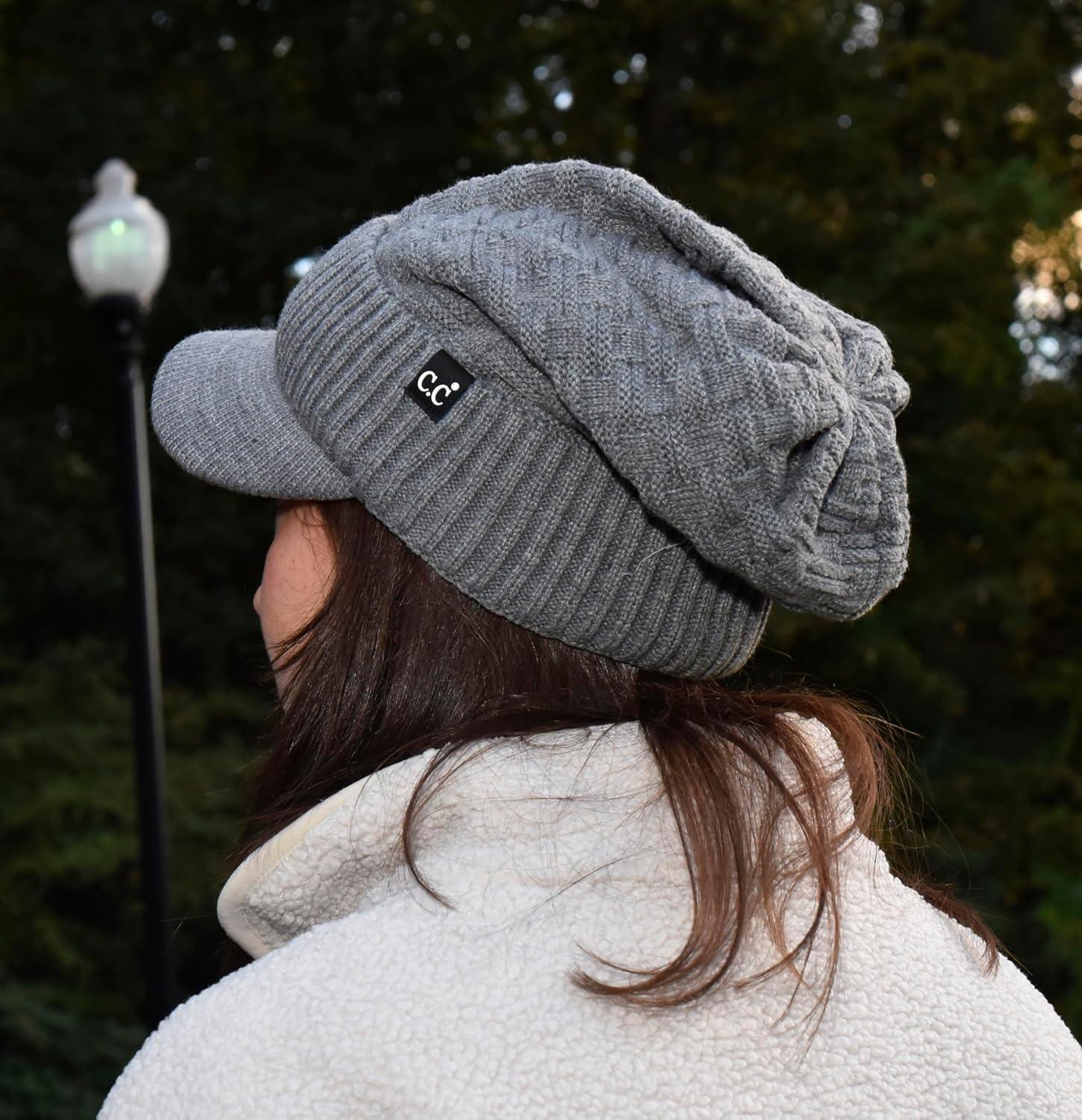 imageCC Beanie Fuzzy Fleece Lining Warm Oversized Chunky Soft Stretchy Ribbed Slouchy Knit Hat with Visor BrimLight Melange Grey