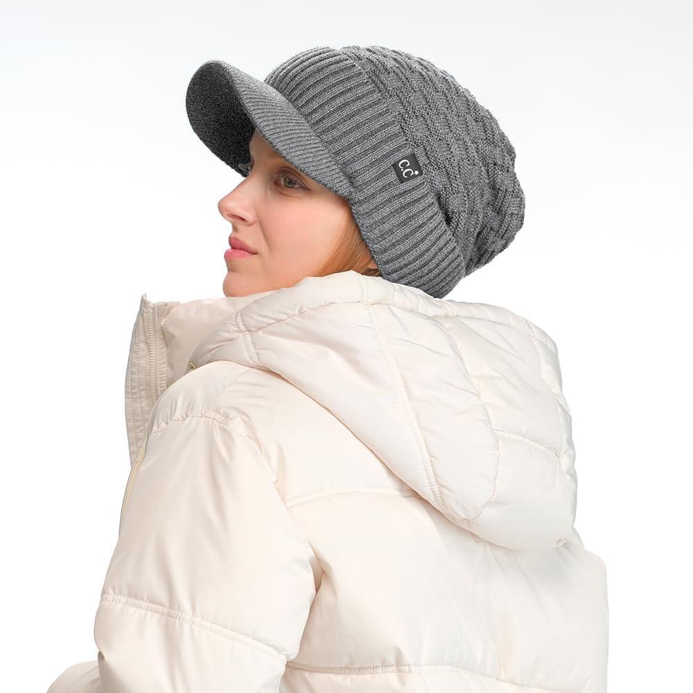 imageCC Beanie Fuzzy Fleece Lining Warm Oversized Chunky Soft Stretchy Ribbed Slouchy Knit Hat with Visor BrimLight Melange Grey
