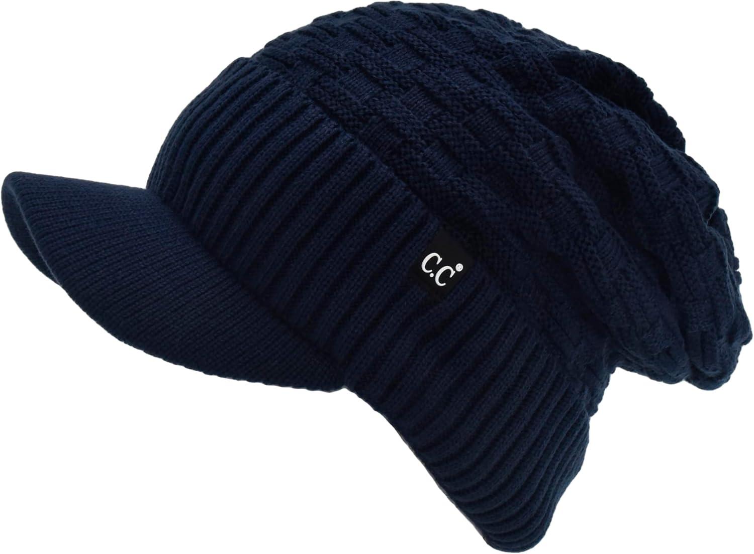 imageCC Beanie Fuzzy Fleece Lining Warm Oversized Chunky Soft Stretchy Ribbed Slouchy Knit Hat with Visor BrimNavy Blue