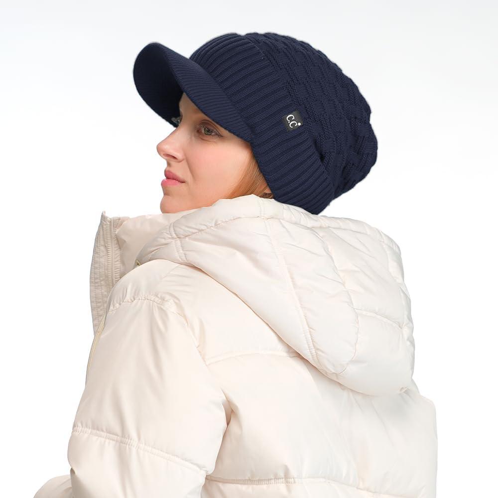 imageCC Beanie Fuzzy Fleece Lining Warm Oversized Chunky Soft Stretchy Ribbed Slouchy Knit Hat with Visor BrimNavy Blue