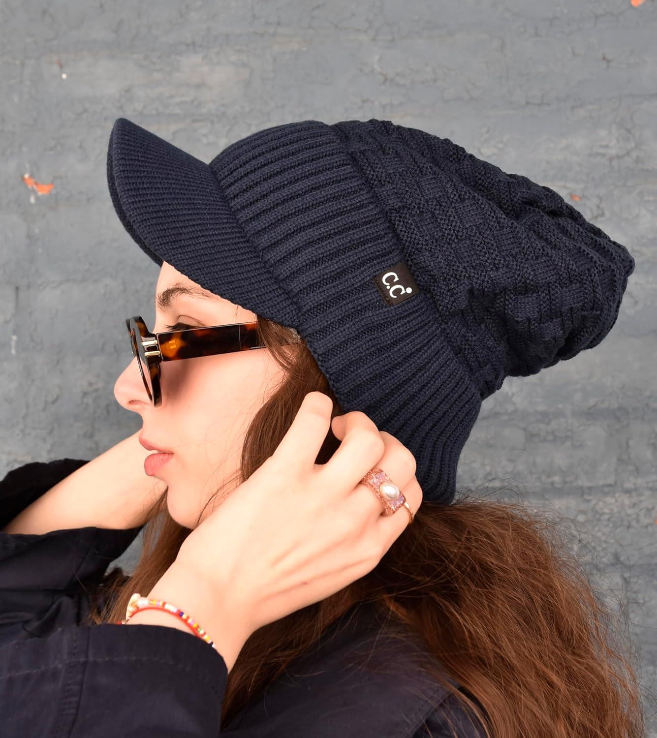 imageCC Beanie Fuzzy Fleece Lining Warm Oversized Chunky Soft Stretchy Ribbed Slouchy Knit Hat with Visor BrimNavy Blue