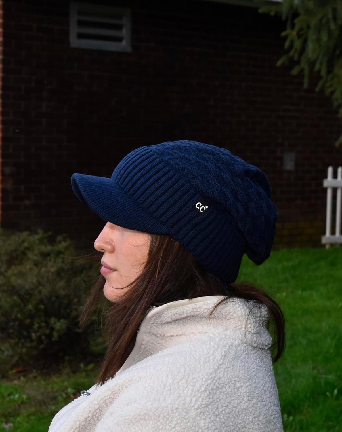 imageCC Beanie Fuzzy Fleece Lining Warm Oversized Chunky Soft Stretchy Ribbed Slouchy Knit Hat with Visor BrimNavy Blue