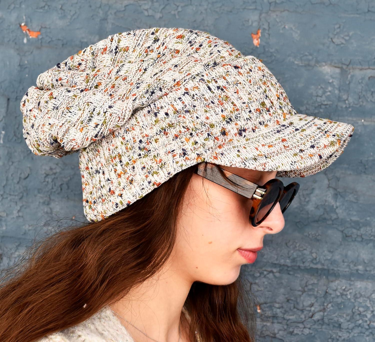imageCC Beanie Fuzzy Fleece Lining Warm Oversized Chunky Soft Stretchy Ribbed Slouchy Knit Hat with Visor BrimOatmeal