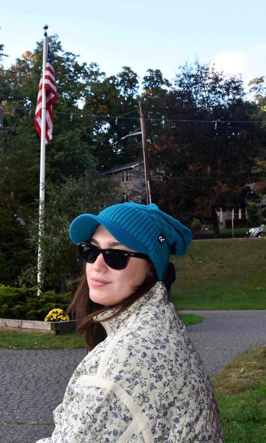 imageCC Beanie Fuzzy Fleece Lining Warm Oversized Chunky Soft Stretchy Ribbed Slouchy Knit Hat with Visor BrimTeal Blue