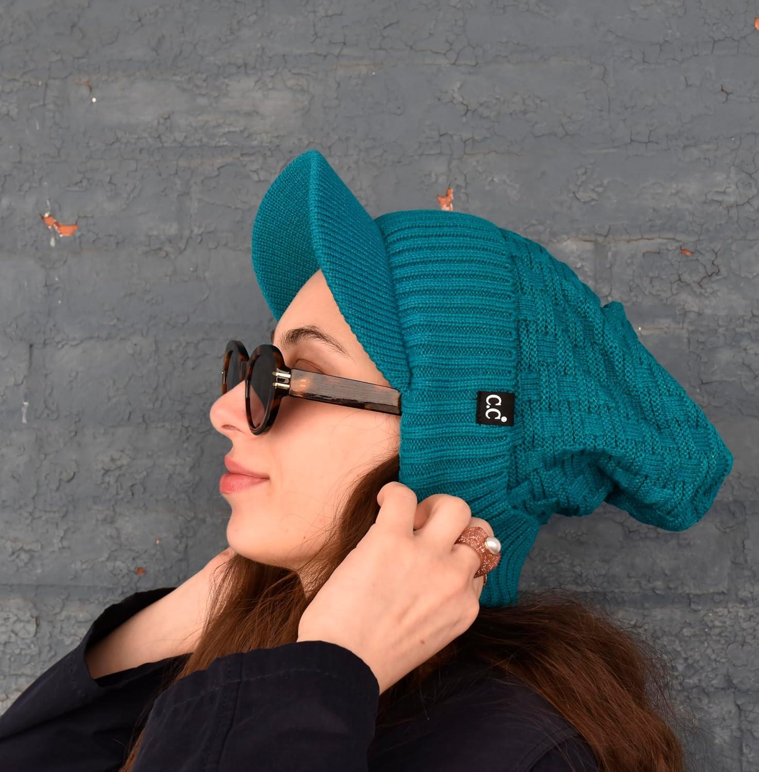 imageCC Beanie Fuzzy Fleece Lining Warm Oversized Chunky Soft Stretchy Ribbed Slouchy Knit Hat with Visor BrimTeal Blue