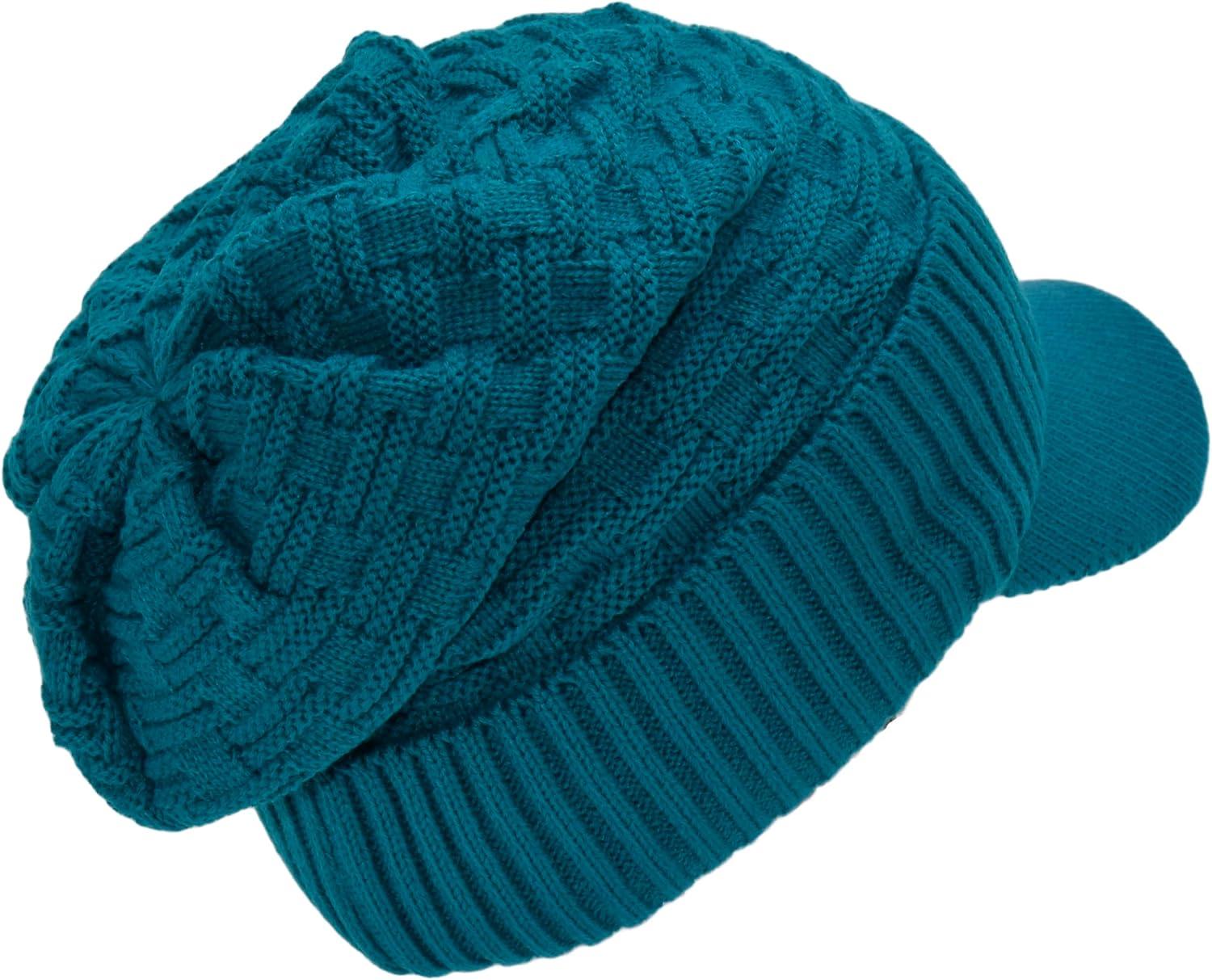 imageCC Beanie Fuzzy Fleece Lining Warm Oversized Chunky Soft Stretchy Ribbed Slouchy Knit Hat with Visor BrimTeal Blue