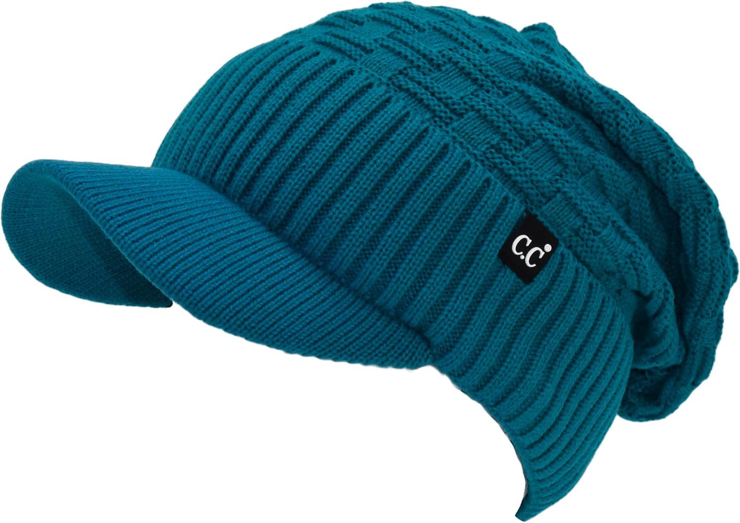 imageCC Beanie Fuzzy Fleece Lining Warm Oversized Chunky Soft Stretchy Ribbed Slouchy Knit Hat with Visor BrimTeal Blue
