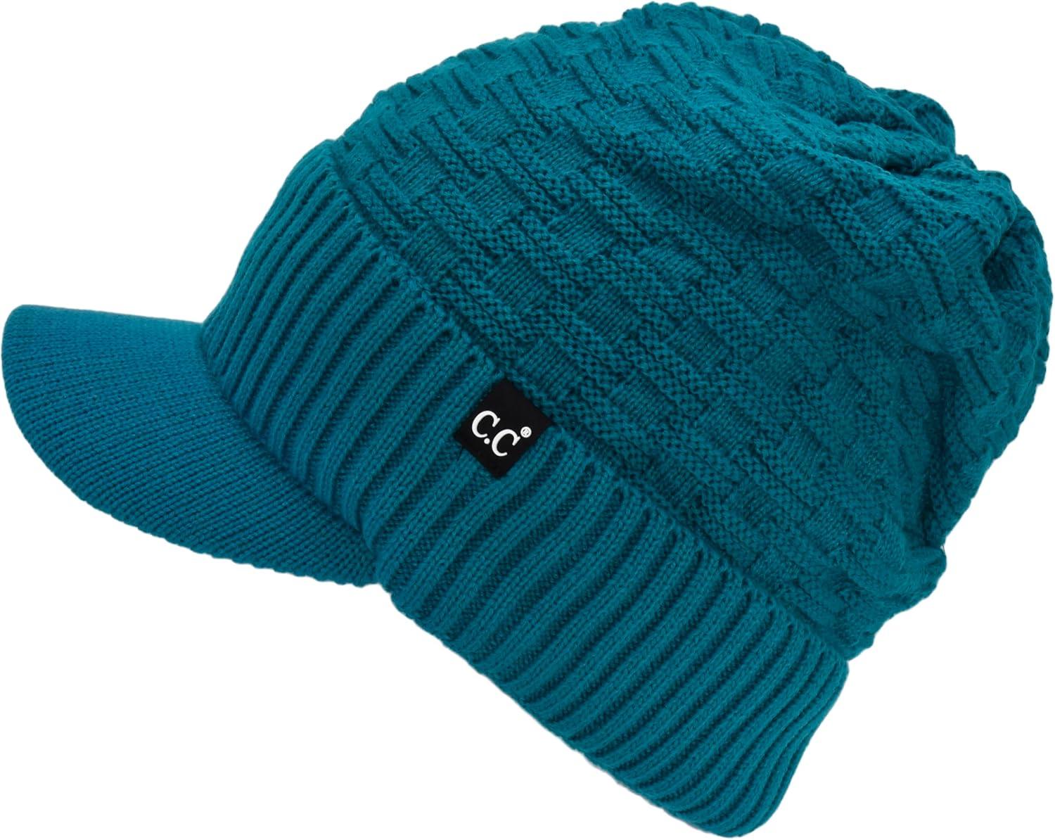 imageCC Beanie Fuzzy Fleece Lining Warm Oversized Chunky Soft Stretchy Ribbed Slouchy Knit Hat with Visor BrimTeal Blue