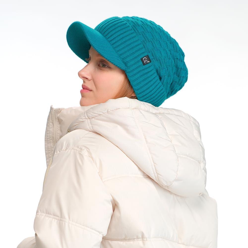 imageCC Beanie Fuzzy Fleece Lining Warm Oversized Chunky Soft Stretchy Ribbed Slouchy Knit Hat with Visor BrimTeal Blue