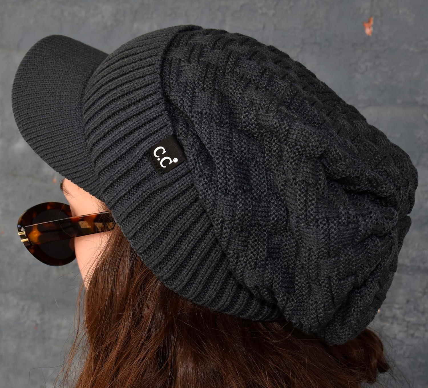 imageCC Beanie Fuzzy Fleece Lining Warm Oversized Chunky Soft Stretchy Ribbed Slouchy Knit Hat with Visor BrimTeal Grey
