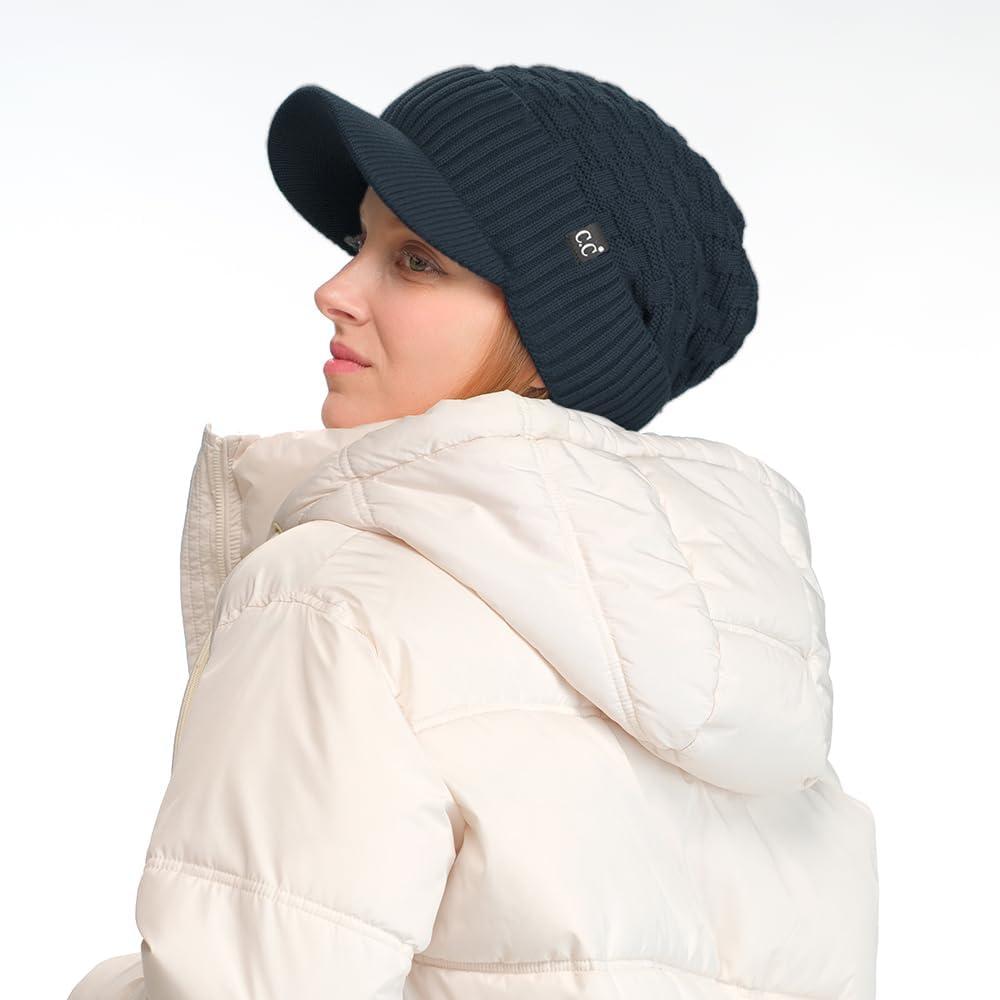 imageCC Beanie Fuzzy Fleece Lining Warm Oversized Chunky Soft Stretchy Ribbed Slouchy Knit Hat with Visor BrimTeal Grey