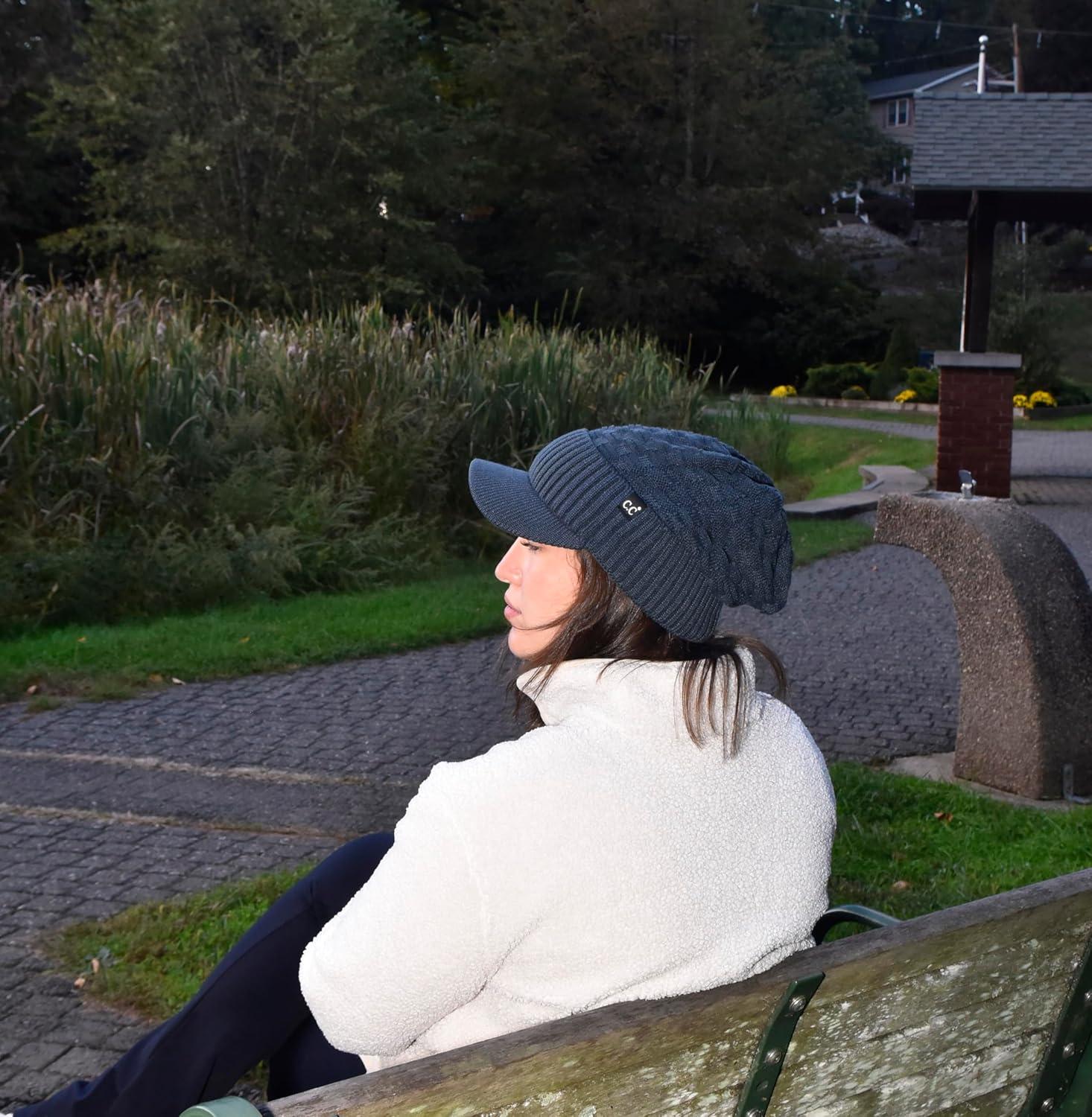 imageCC Beanie Fuzzy Fleece Lining Warm Oversized Chunky Soft Stretchy Ribbed Slouchy Knit Hat with Visor BrimTeal Grey