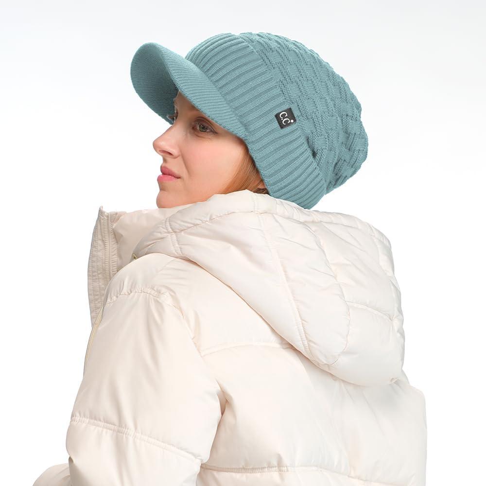 imageCC Beanie Fuzzy Fleece Lining Warm Oversized Chunky Soft Stretchy Ribbed Slouchy Knit Hat with Visor BrimWinter Mint