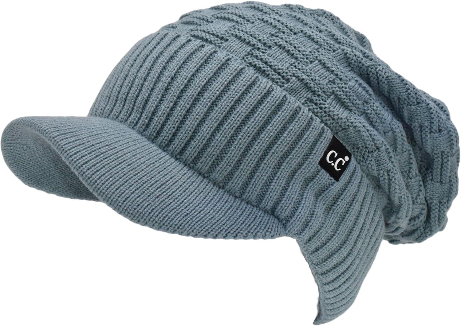 imageCC Beanie Fuzzy Fleece Lining Warm Oversized Chunky Soft Stretchy Ribbed Slouchy Knit Hat with Visor BrimWinter Mint