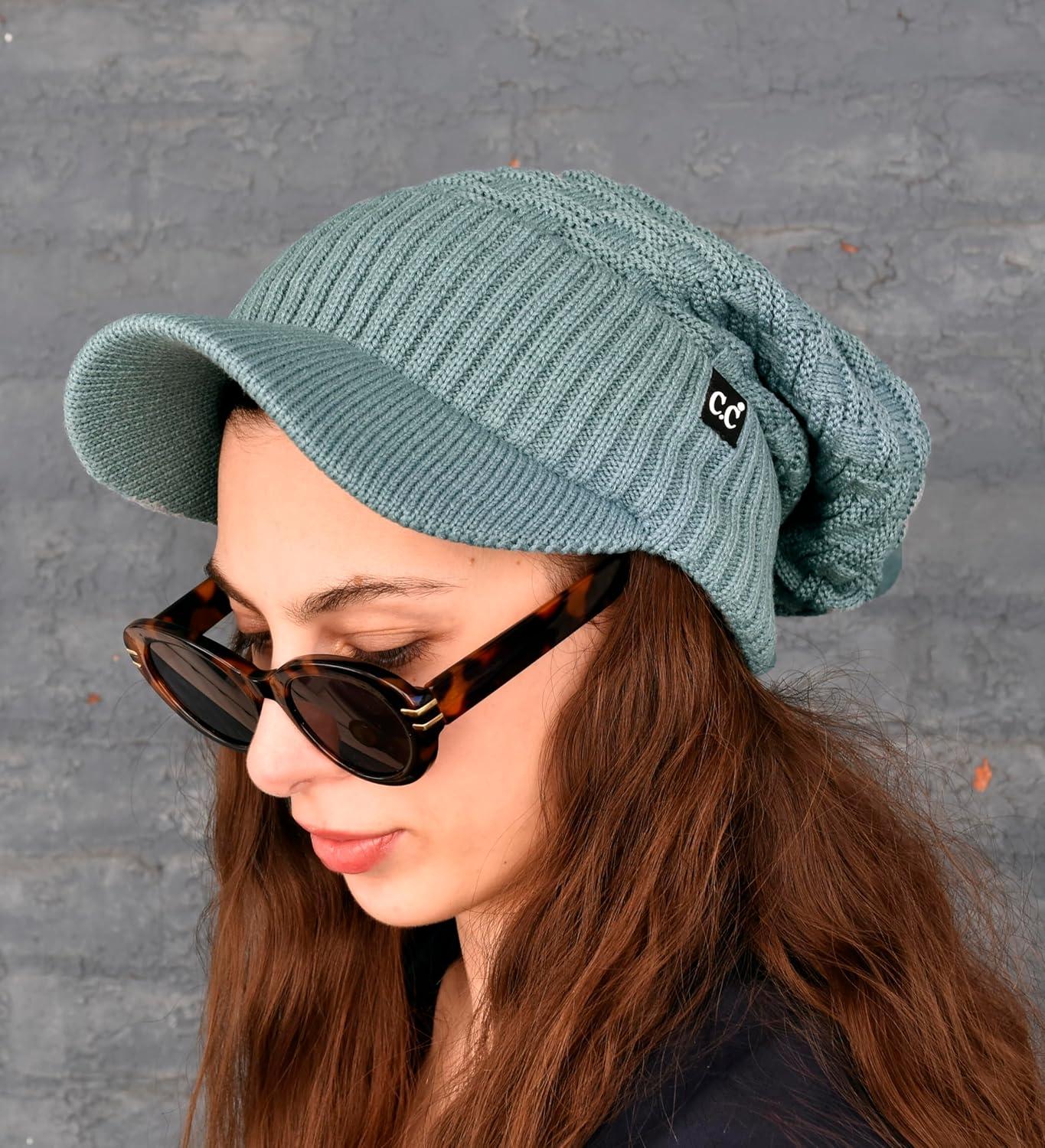 imageCC Beanie Fuzzy Fleece Lining Warm Oversized Chunky Soft Stretchy Ribbed Slouchy Knit Hat with Visor BrimWinter Mint