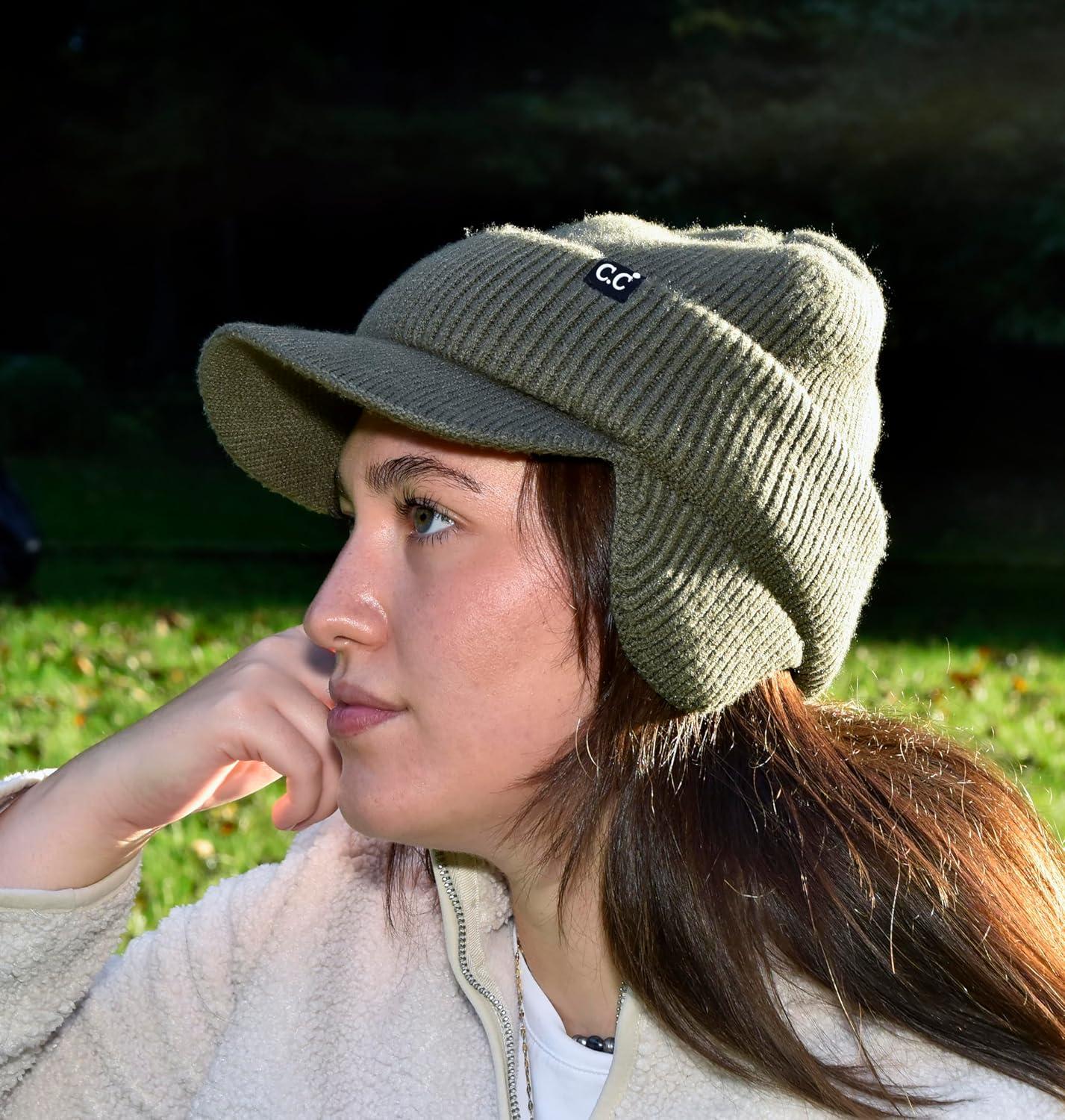imageCC Beanie Strechy Snug Fit Soft Knit Hat with Visor Brim ampamp Ear Warmer FlapsArmy Green