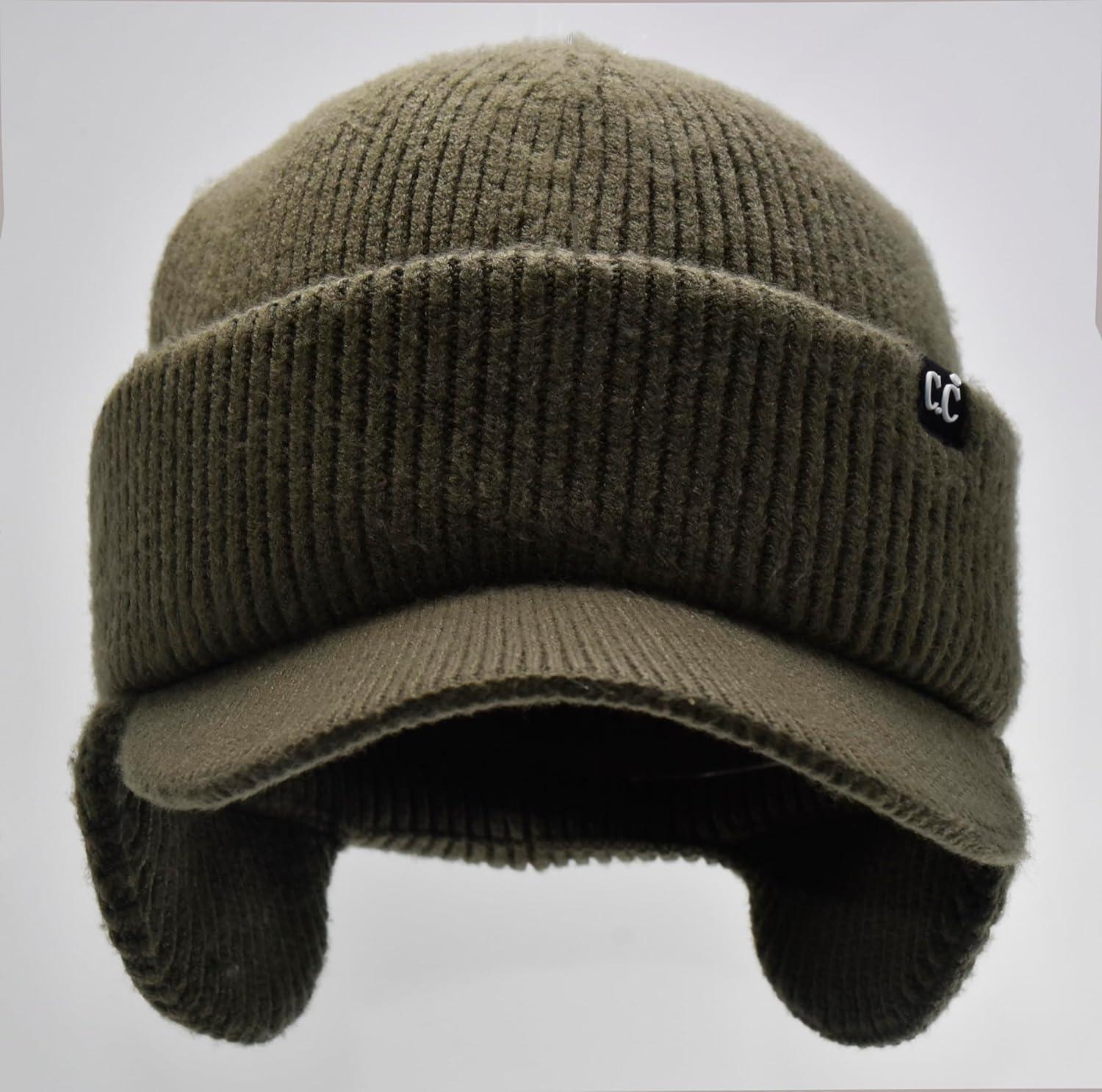 imageCC Beanie Strechy Snug Fit Soft Knit Hat with Visor Brim ampamp Ear Warmer FlapsArmy Green