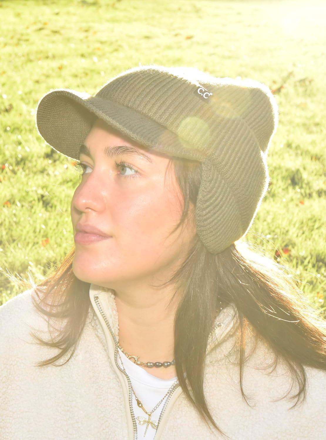 imageCC Beanie Strechy Snug Fit Soft Knit Hat with Visor Brim ampamp Ear Warmer FlapsArmy Green