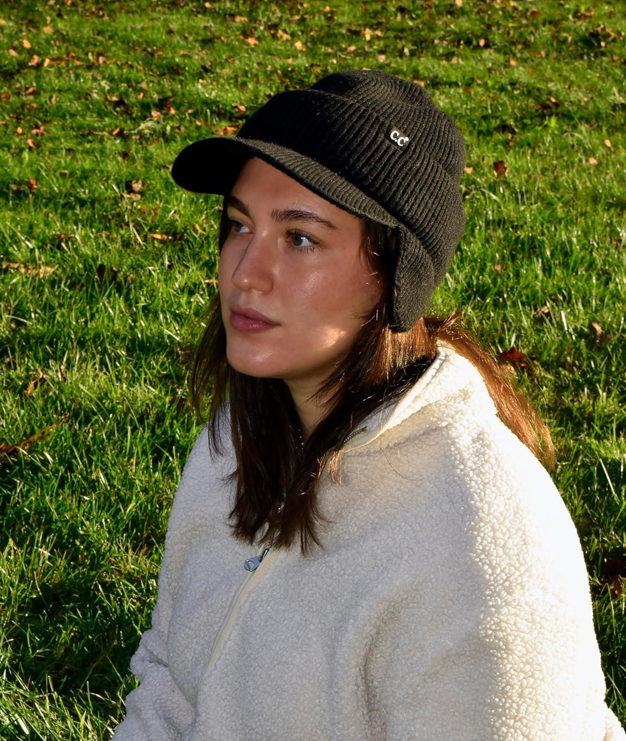 imageCC Beanie Strechy Snug Fit Soft Knit Hat with Visor Brim ampamp Ear Warmer FlapsBlack