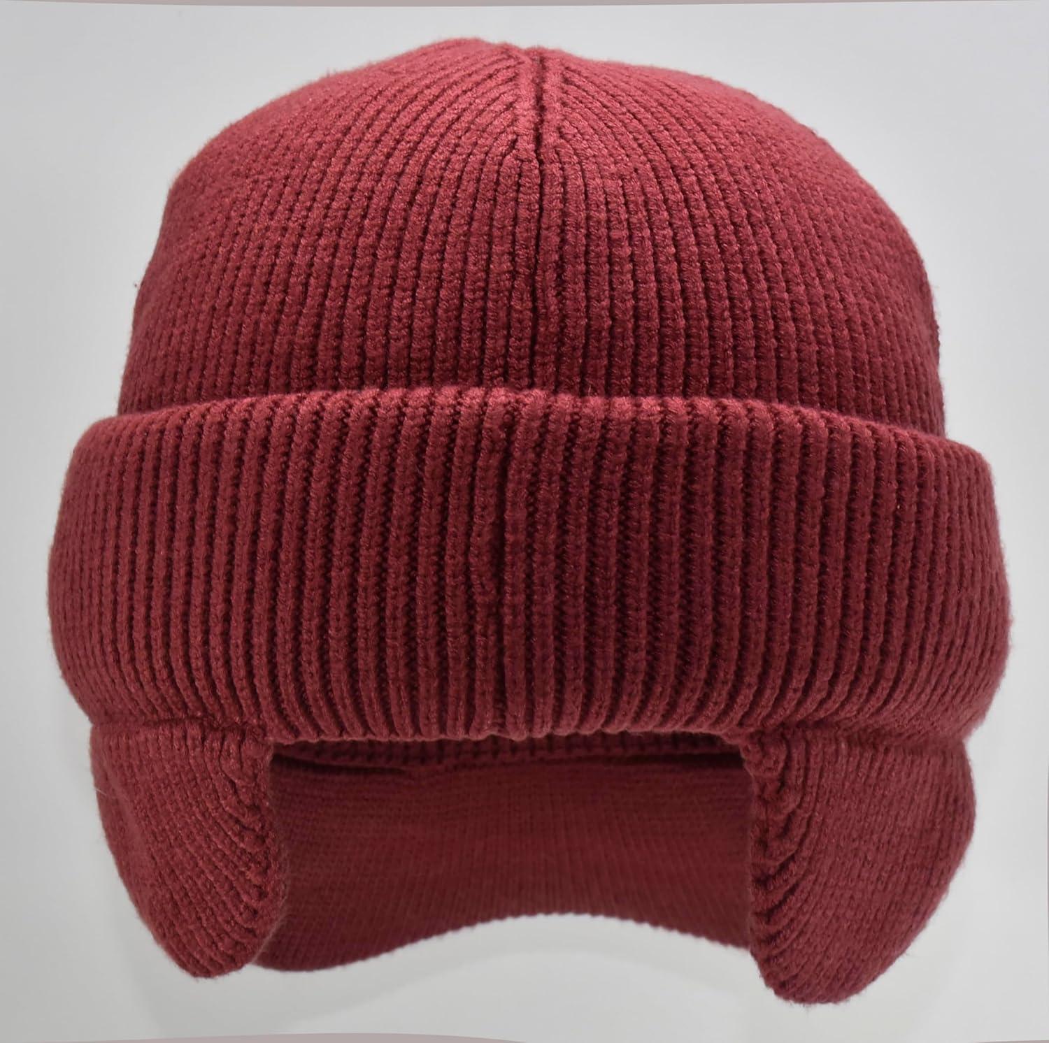 imageCC Beanie Strechy Snug Fit Soft Knit Hat with Visor Brim ampamp Ear Warmer FlapsDeep Cherry Red