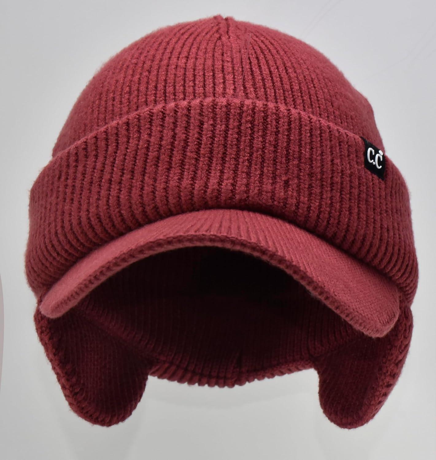 imageCC Beanie Strechy Snug Fit Soft Knit Hat with Visor Brim ampamp Ear Warmer FlapsDeep Cherry Red