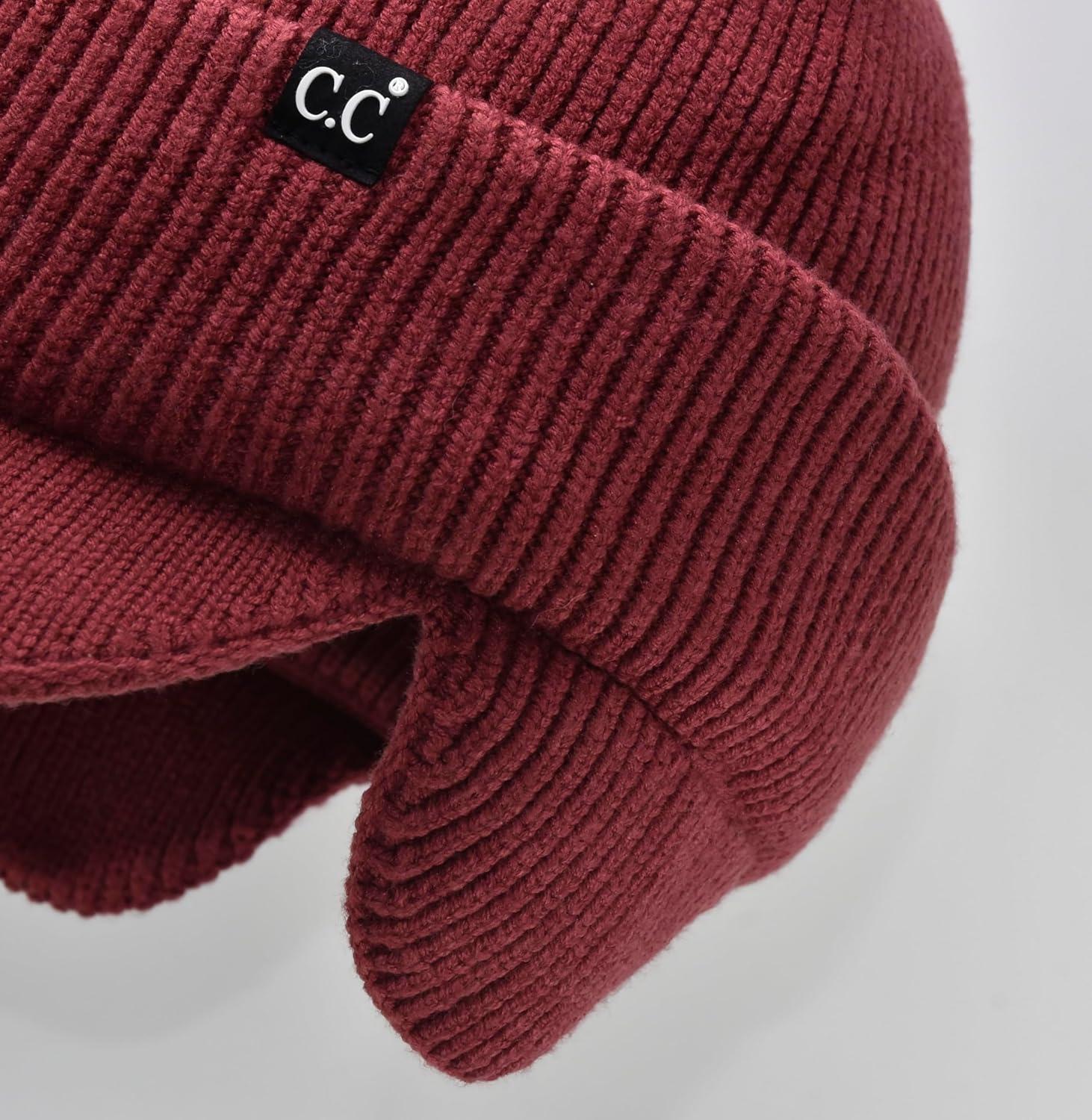 imageCC Beanie Strechy Snug Fit Soft Knit Hat with Visor Brim ampamp Ear Warmer FlapsDeep Cherry Red