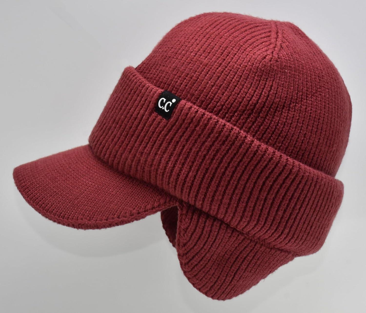imageCC Beanie Strechy Snug Fit Soft Knit Hat with Visor Brim ampamp Ear Warmer FlapsDeep Cherry Red